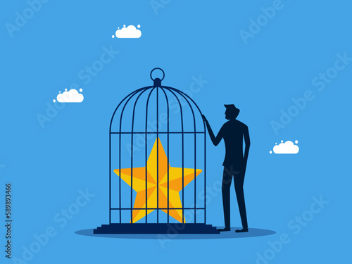 Lack of autonomy in the position and success in the job. man locks a stars in a cage. business concept vector