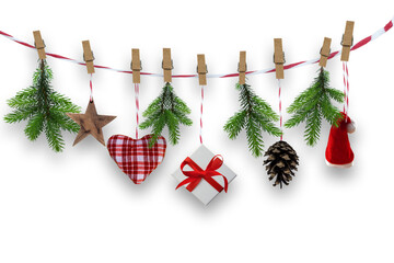 hanging self-made christmas decoration isolated on transparent background, wall decor overlay for happy new year holidays