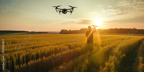 Drone Crop Scanning: drone flying over a crop field, scanning and analyzing crops for pests and diseases. Generative AI.
