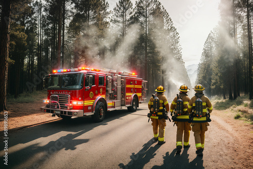 Fotografia Firefighters in a forest on fire, smoke and flames