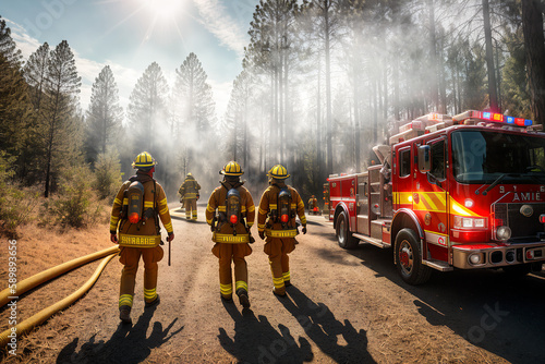 Fototapeta Firefighters successfully putting out a forest fire
