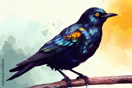 solitary black bird perched on a tree branch against a blue sky. Generative AI