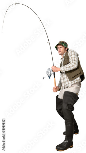 Leinwand Poster Fisherman Pulling Something Heavy with Fishing Rod