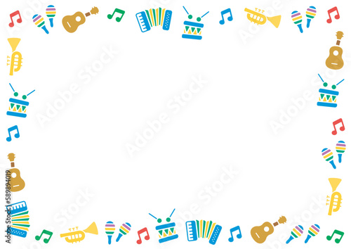 Decorative background frame for Festa Junina. Vector illustration for postcards, banners and posters.(Horizontal instrument version)