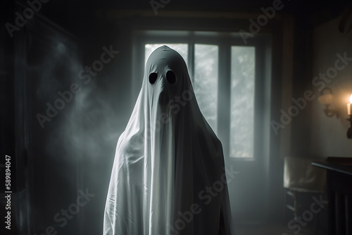 Halloween theme. Ghost with empty eyes in sheet in house, mystical illustration. Generative AI