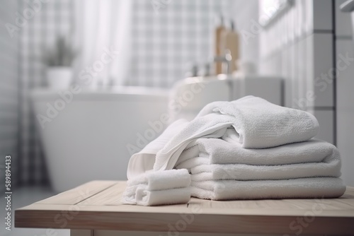 Roll of clean bath towel on white table, copy space | folded terry towels lie on clean white bed. Cleaning in guest room of hotel, cleanliness, laundry, Generative AI