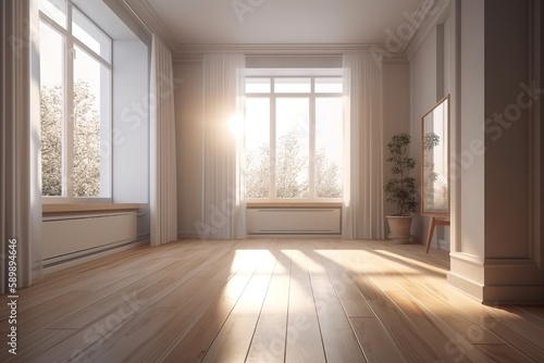White empty room mock-up with brown curtain  white door and wood floor   modern empty living room interior design   Interior with blank wall   Large empty room  Generative AI