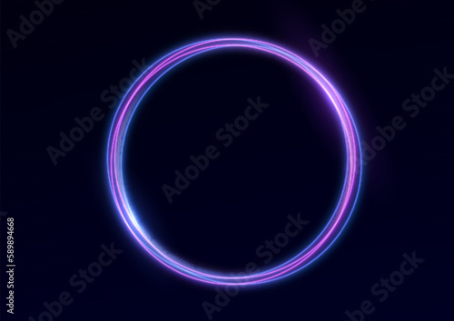 Neon swirl spin. Curve blue line light effect. Abstract ring background with glowing swirling background. Energy flow tunnel. Blue portal, platform. Magic circle vector. Round frame with light effect