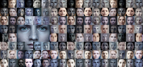 Human faces creation by artificial intelligence concept, banner with mosaic grid pattern of multiple people. Generative AI
