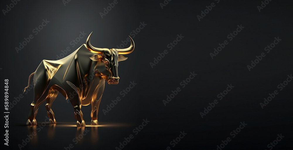 Obraz premium Black and gold crypto bull statuette isolated on a black banner. Symbol of financial growth in a technological style. Place for text. Generative AI