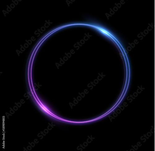 Neon swirl. Curve blue line light effect. Abstract ring background with glowing swirling background. Energy flow tunnel. Blue portal, platform. Magic circle vector. Round frame with light effect