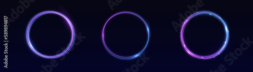 Neon swirl. Curve blue line light effect. Abstract ring background with glowing swirling background. Energy flow tunnel. Blue portal, platform. Magic circle vector. Round frame with light effect