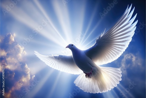 flying peace bird in blue sky with bright rays generative ai