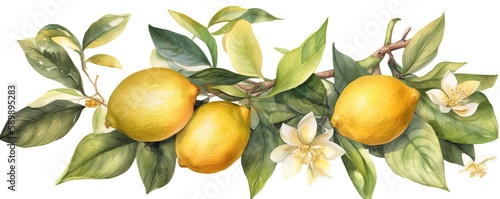 Vibrant Lemon Bough  Watercolor Illustration of Fruit and Leaves, Generative AI