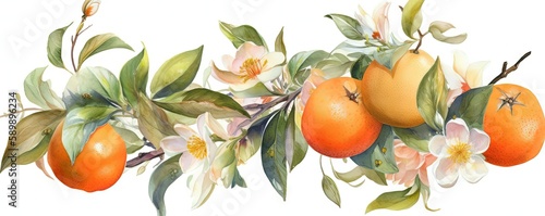 Vibrant Orange Branch Watercolor Illustration on White Background, Generative AI