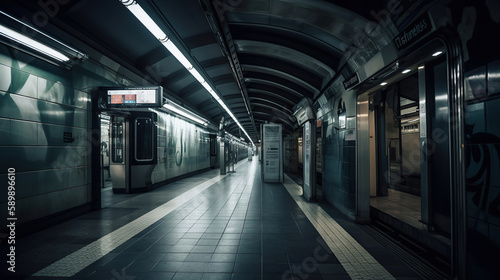 Underground train station with a view of the tunnel entrance.