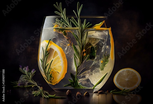 Gin and tonic cocktail with rosemary and lemon slices. Generative AI