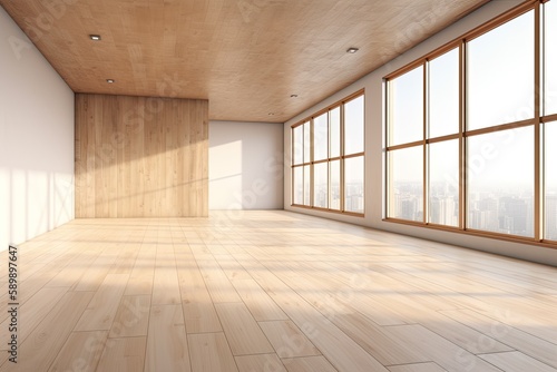 an empty room with wooden flooring and large windows. Generative AI