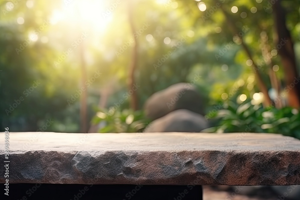 rustic stone bench surrounded by trees in a serene forest setting. Generative AI rustic stone bench surrounded by trees in a serene forest setting. Generative AI