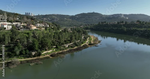 Aerial footage of the beautiful Beit Zayit water reservoir near Jerusalem. Filmed in C4K Apple ProRes 422 HQ photo