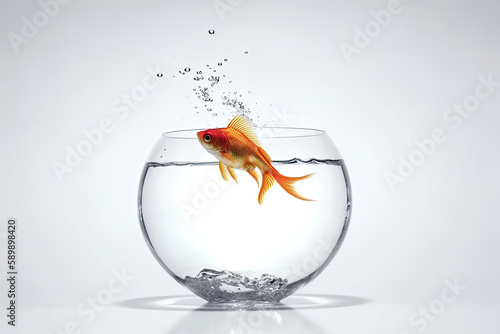 Goldfish jumping out of an aquarium with water drops on white background. Generative AI