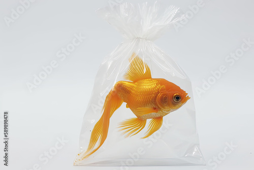 squashed goldfish in plastic bag on white background. Isolated with clipping path. Generative AI photo