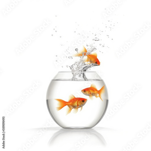 three goldfish jumping out of the water. Isolated on white background, Generative AI