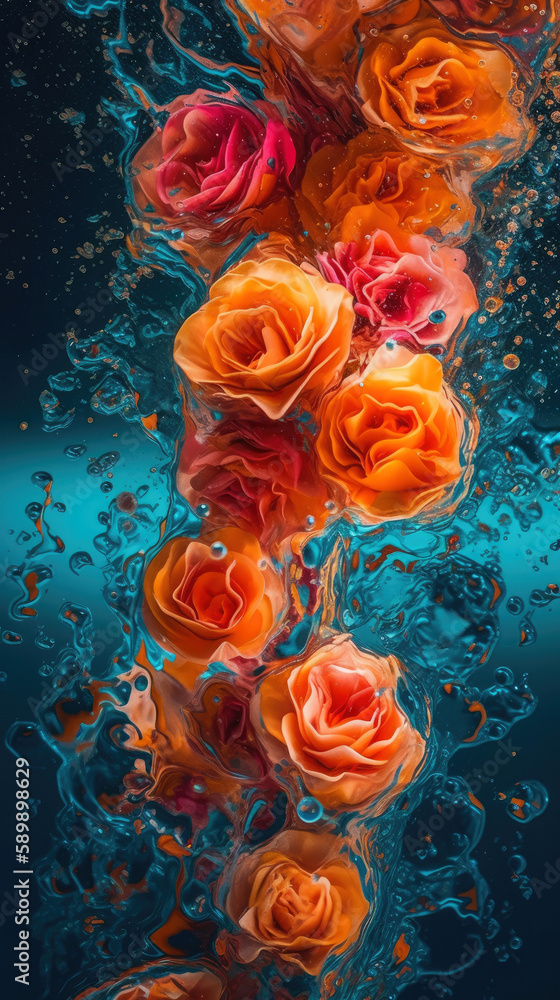 Rose Bloom Burst. Rose and bubbles floating in the air. Generative AI Rose Bloom Burst. Rose and bubbles floating in the air. Generative AI