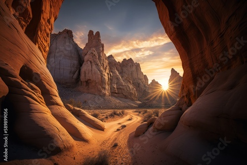 majestic landscape of a remote desert canyon at sunrise with a wide-angle lens sun peeking over rocks created with Generative AI technology © ArtiStock