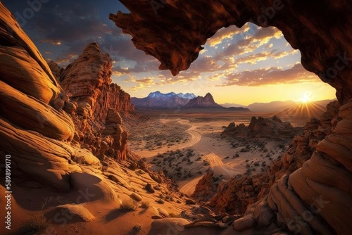 majestic landscape of a remote desert canyon at sunrise with a wide-angle lens dirt roads. created with Generative AI technology © ArtiStock