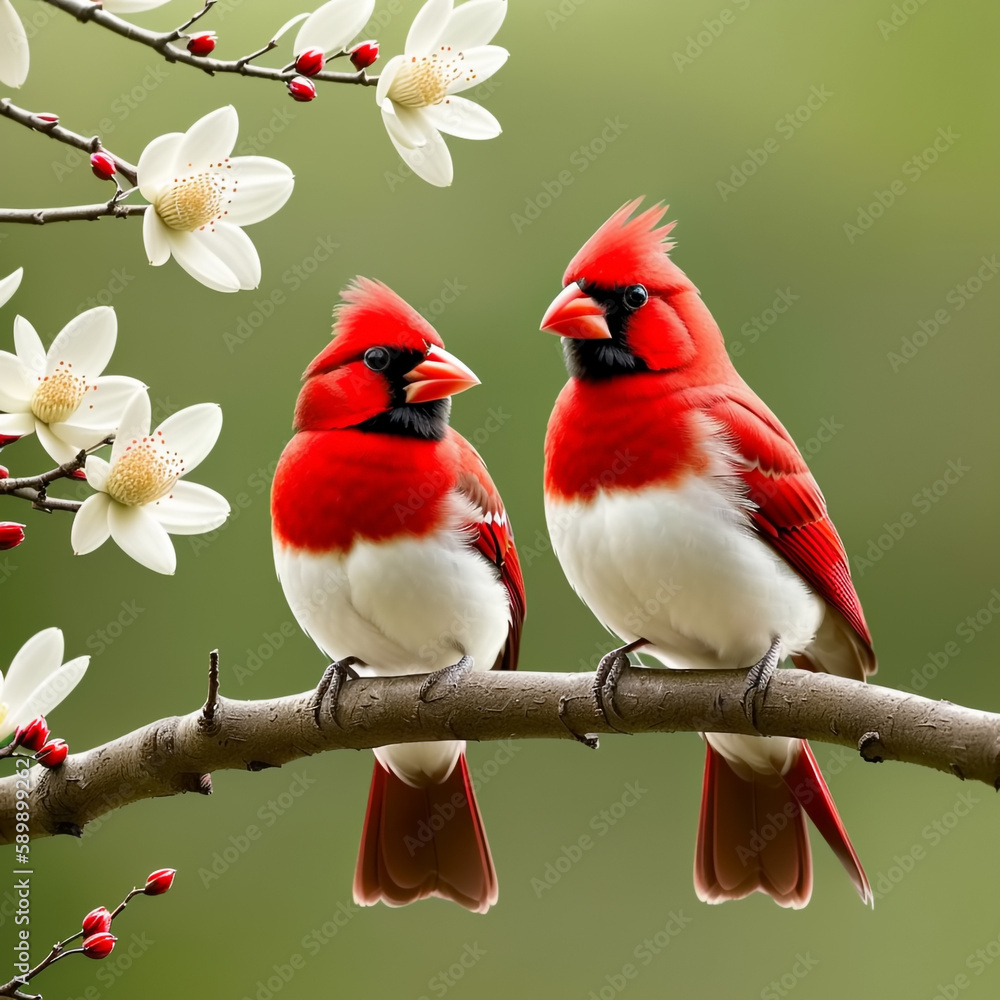 Couple of romantic cardinal birds on branch. Generative AI