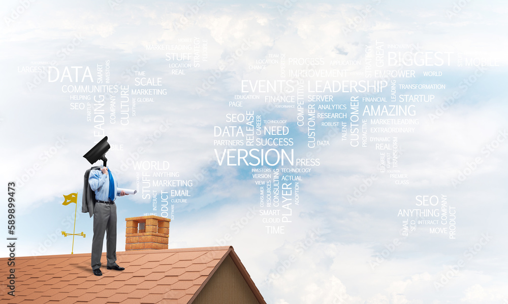 Concept of home security and privacy protection with camera headed man Concept of home security and privacy protection with camera headed man