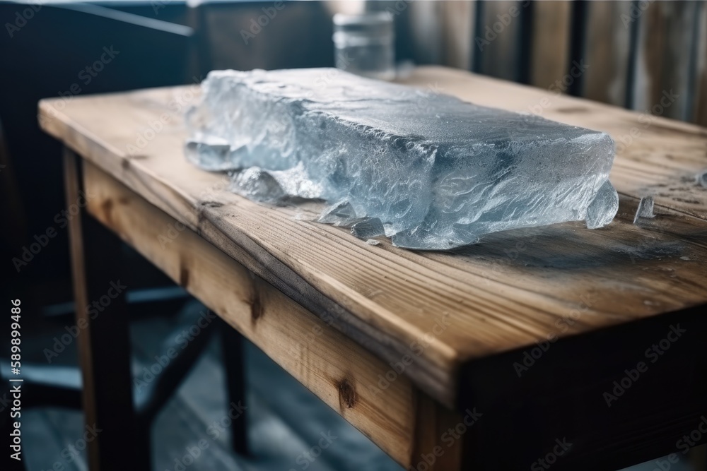 an ice cube on a wooden table. Generative AI