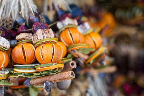 collection of dried fruit, vegetables and spices on the market