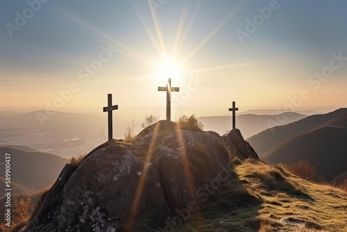Three cross on the mountain with sun light, belief, faith and spirituality, and resurrection of Jesus Christ at Easter, generative AI