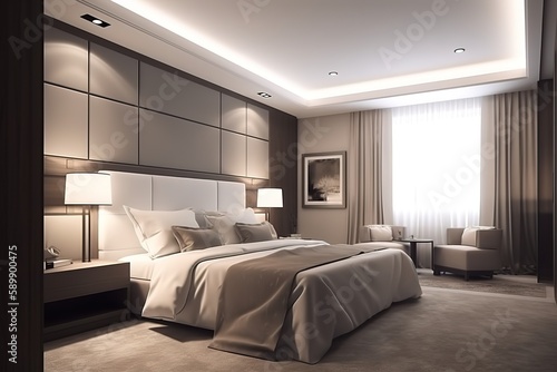 Luxury bedroom in light colours with golden furniture details. Big comfortable double royal bed in elegant classic interior, Generative AI © interior