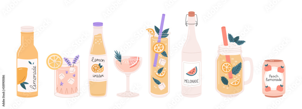 Glasses and bottles with lemonades Glasses and bottles with lemonades