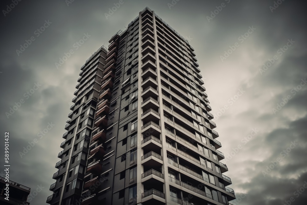tall building with balconies under cloudy skies. Generative AI tall building with balconies under cloudy skies. Generative AI