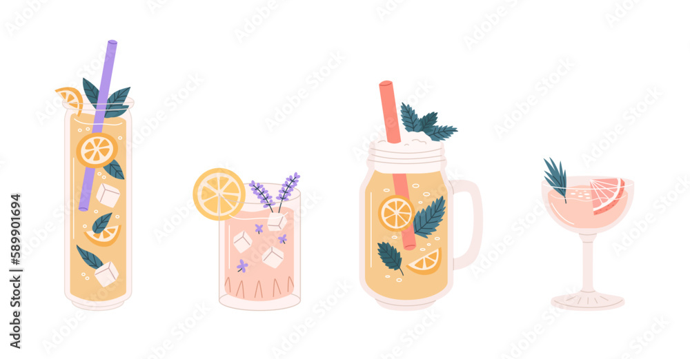 Glasses with cocktails and lemonades Glasses with cocktails and lemonades