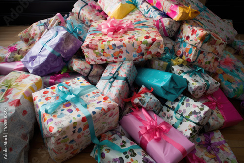 Pile of wrapped birthday presents created with AI
