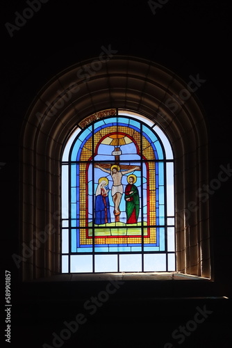 Aracena, Huelva, Spain, March 30, 2023: One of the elaborate windows of the Nuestra Señora de la Asuncion parish in Aracena, Huelva. Spain