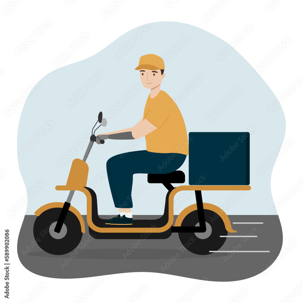 Young man with a prosthetic arm riding modern electric bike scooter. Handicapped person riding scooter in the city Young man with a prosthetic arm riding modern electric bike scooter. Handicapped person riding scooter in the city