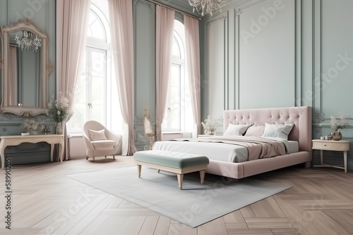 Modern contemporary loft bedroom   Luxurious large bedroom   Luxury double bedroom with golden furniture in royal interior   Luxurious bedroom with gilt double bed and bedside tables  Generative AI