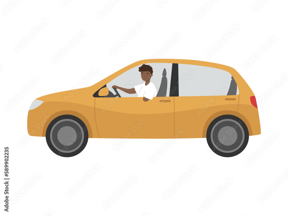 Obraz premium Young man with amputated hand driving a car. Handicapped person. Isolated vector illustration 