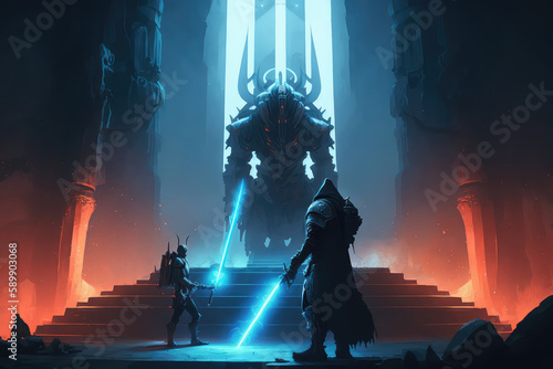 Digital illustration painting design style a warrior holding a light saber against monster in futuristic building. (ai generated)