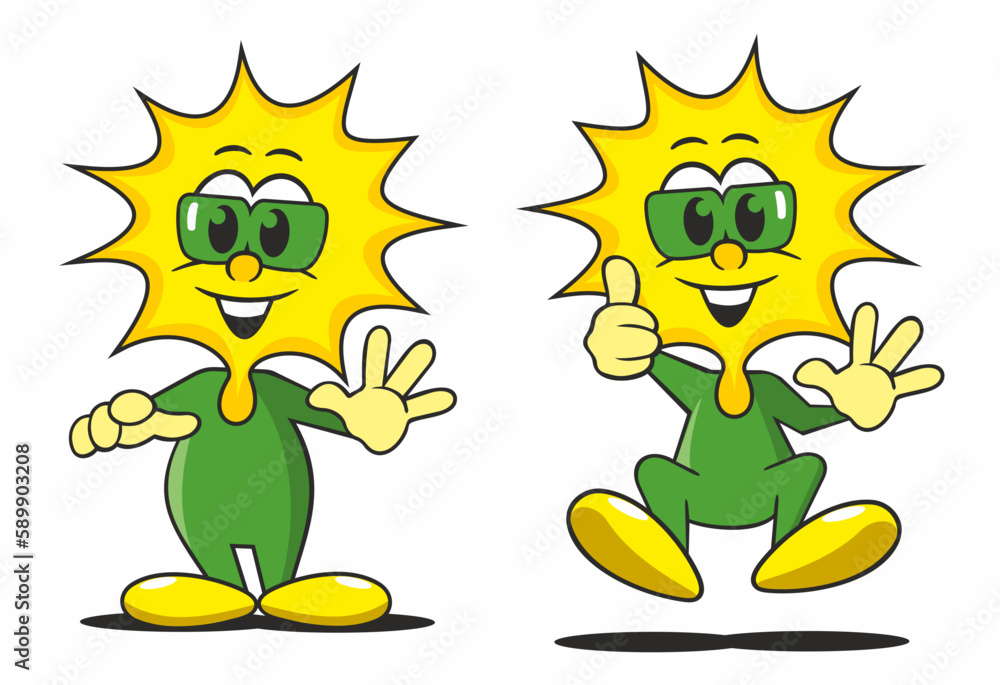 Obraz premium funny cartoon sun figure is happy, jumping and smiling