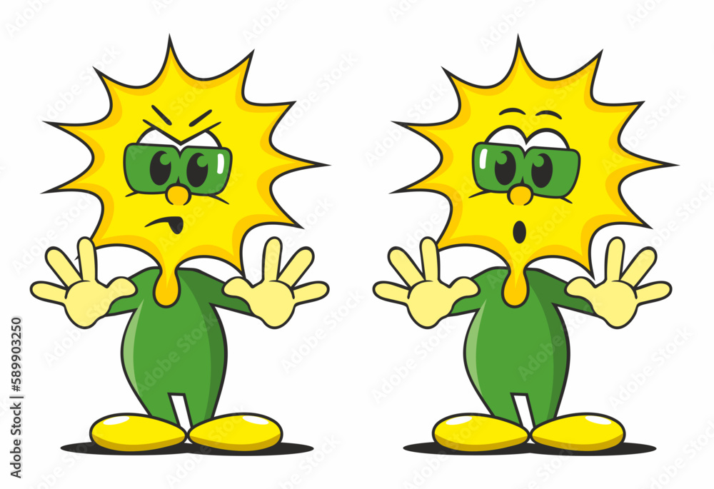 Fototapeta premium little cartoon sun figure is astonished and amazed and shows stop