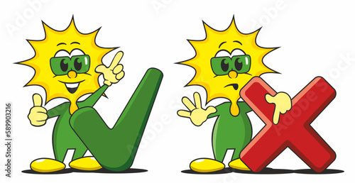 little cartoon sun figure demonstrates ok and error, right and false