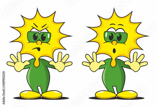 little cartoon sun figure is astonished and amazed and shows stop