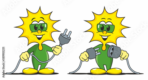 little cartoon sun figure with power cable and plug in cable